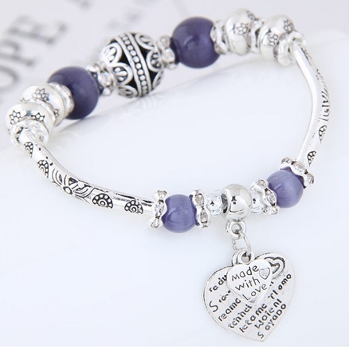 C0150742208 Purple Beads Silver Made Love Adjust Charm Bangle - Click Image to Close